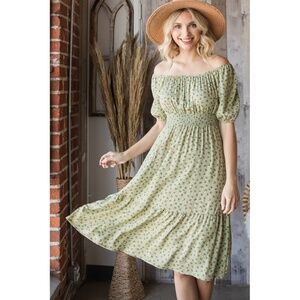 Veveret Floral Tiered Smocked Midi Dress Lime